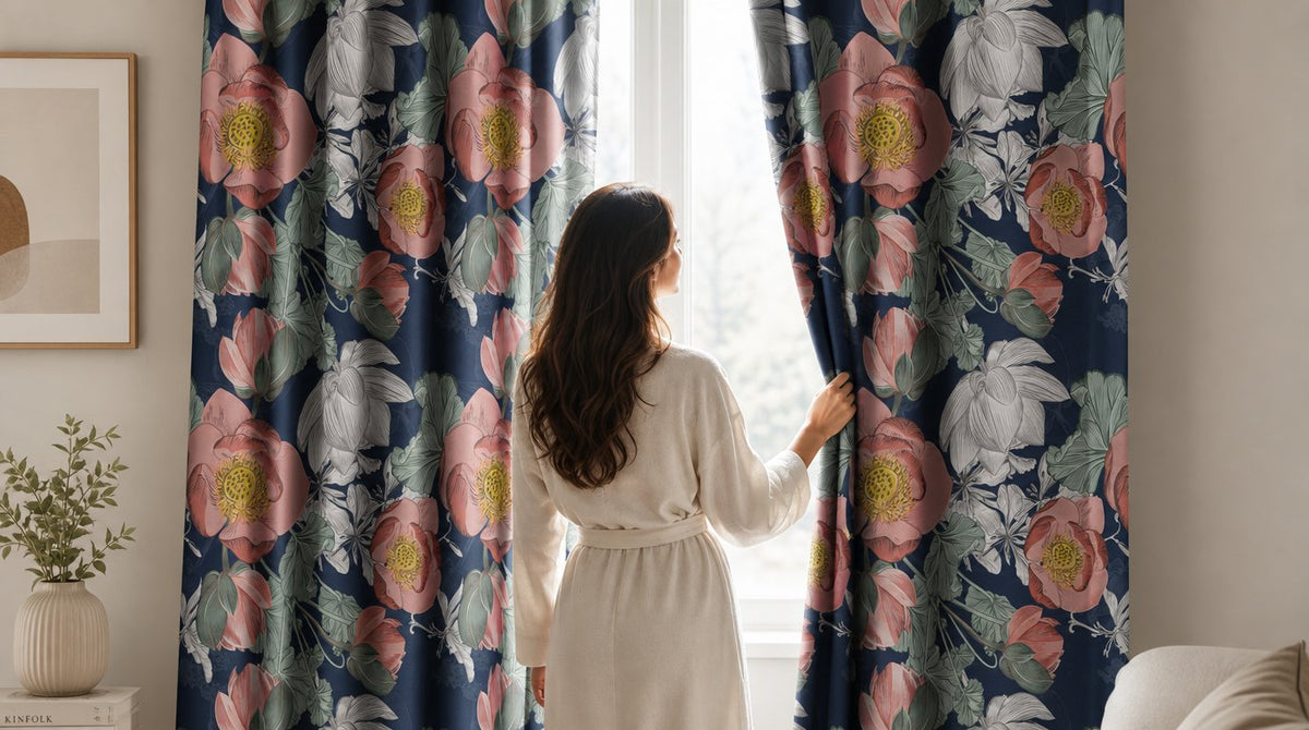 Navy large peony floral curtains in a living room