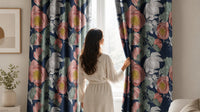 Navy large peony floral curtains in a living room
