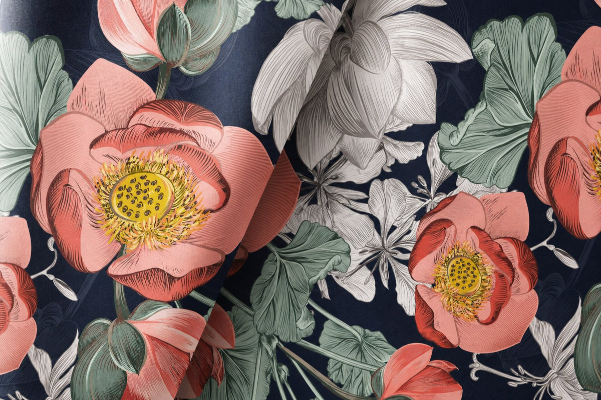 Pair of navy large peony floral curtains in a living room