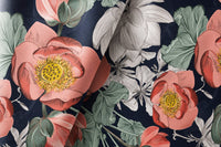 Pair of navy large peony floral curtains in a living room
