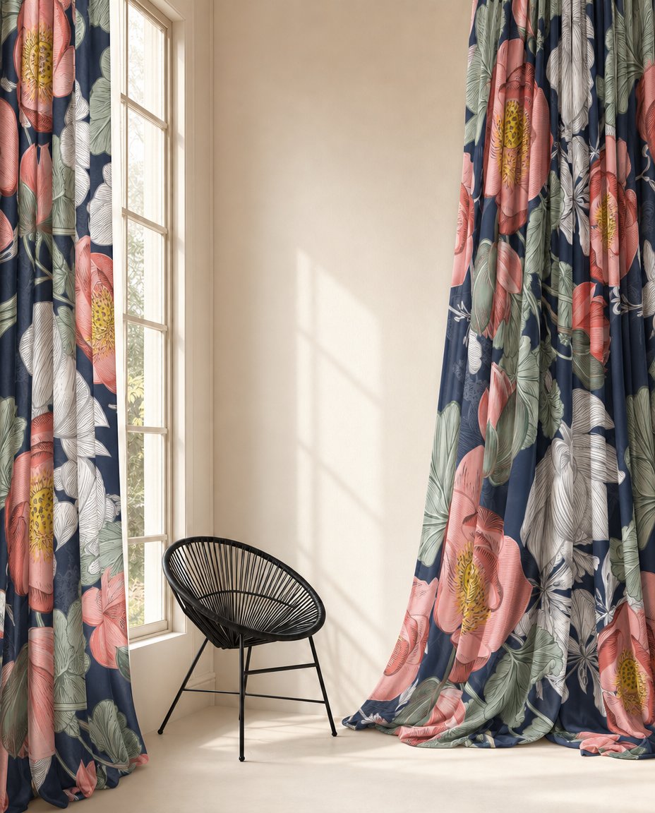 Navy large peony floral curtains styled with neutral decor