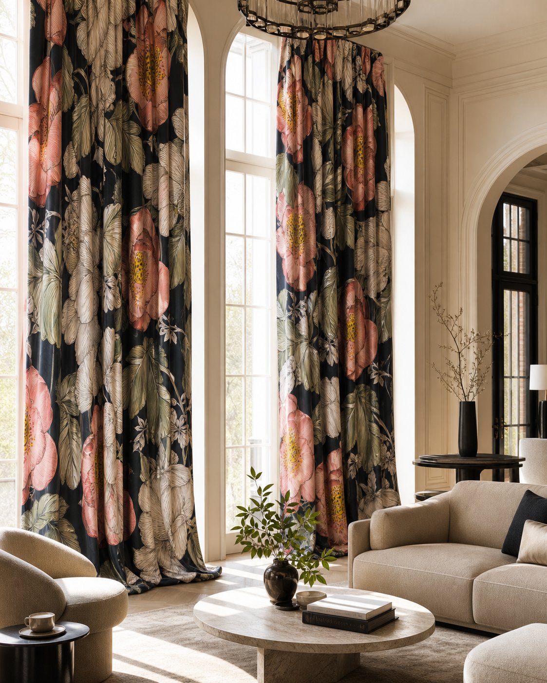 Navy large peony floral curtains framing a tall window