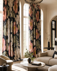Navy large peony floral curtains framing a tall window
