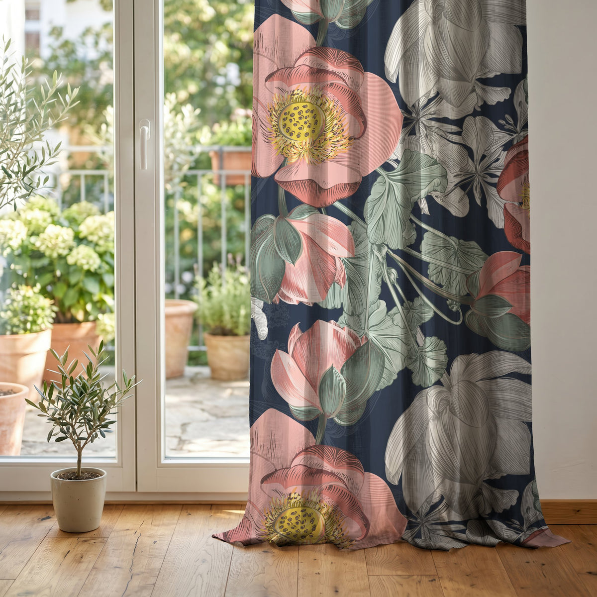 Navy large peony floral curtain at glass patio doors