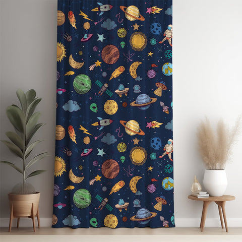 Navy outer space kids curtain panel against a white wall