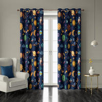 Pair of navy outer space kids grommet curtains at French doors