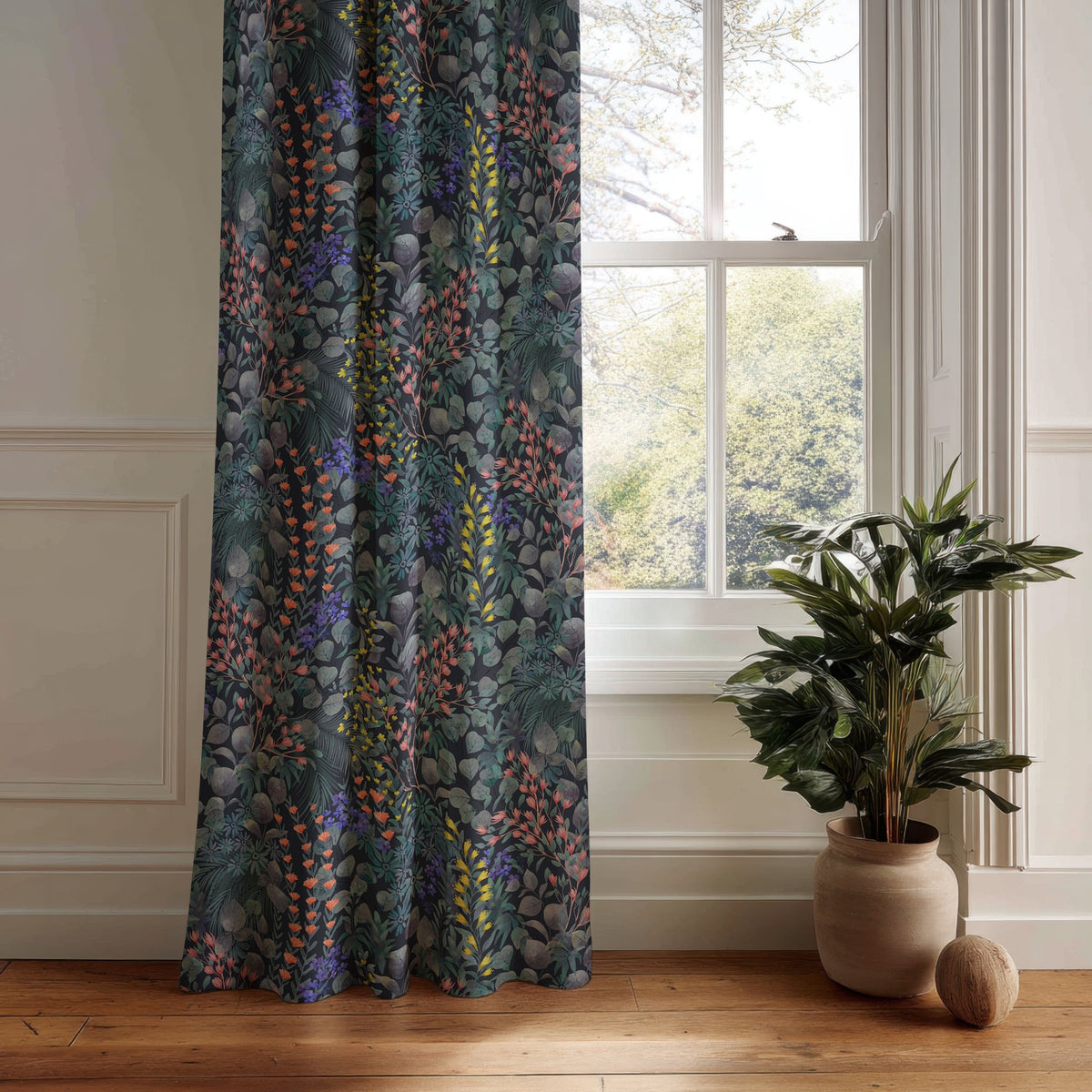 Navy wildflower meadow curtain panel hanging by a white window