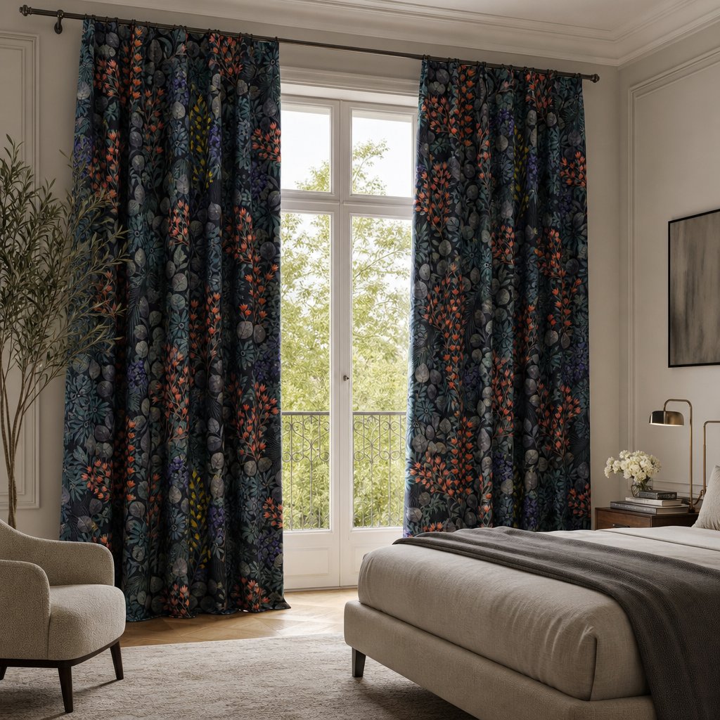 Pair of navy wildflower meadow curtains in a bedroom