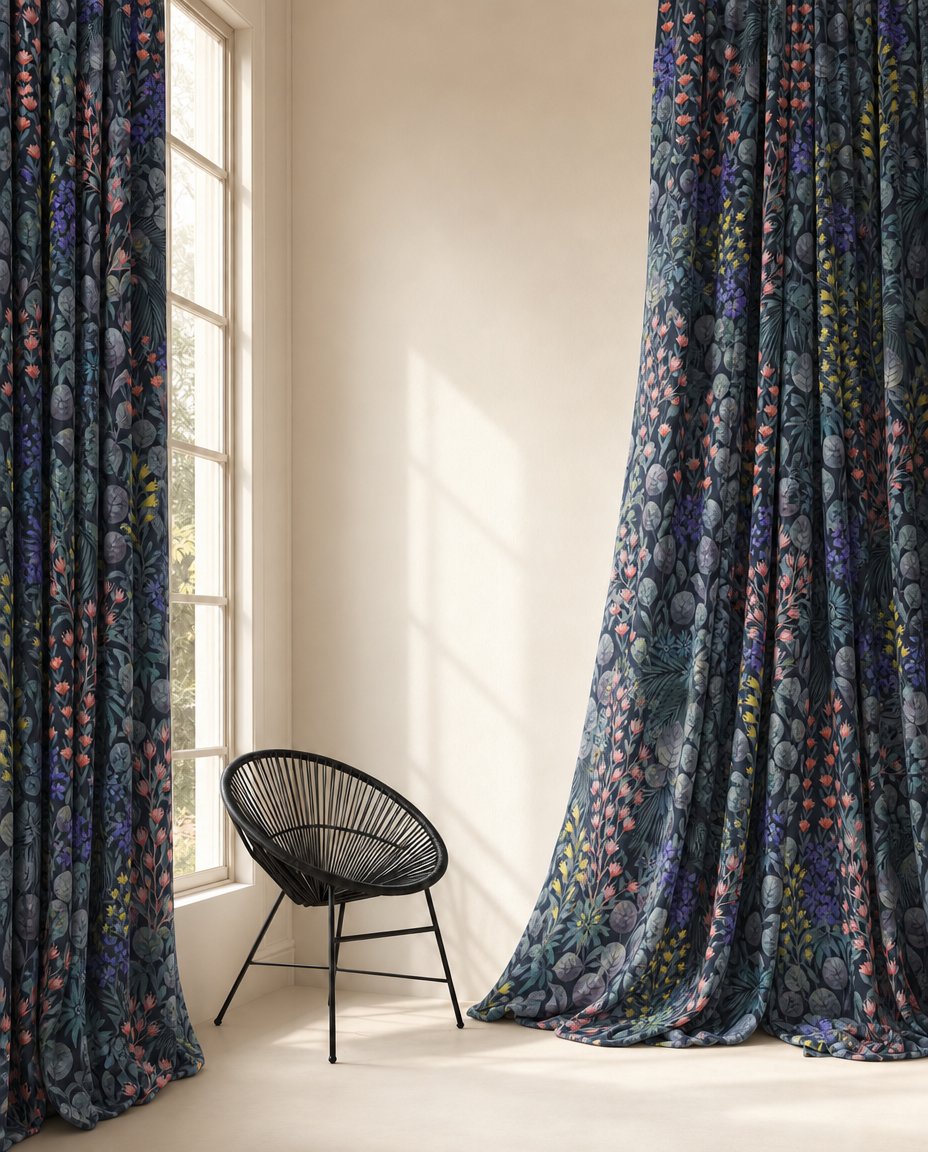 Navy wildflower meadow curtains styled with neutral decor