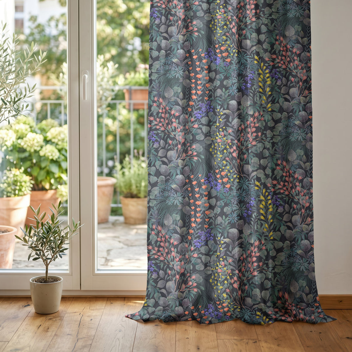 Navy wildflower meadow curtain at glass patio doors