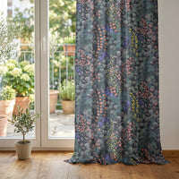 Navy wildflower meadow curtain at glass patio doors