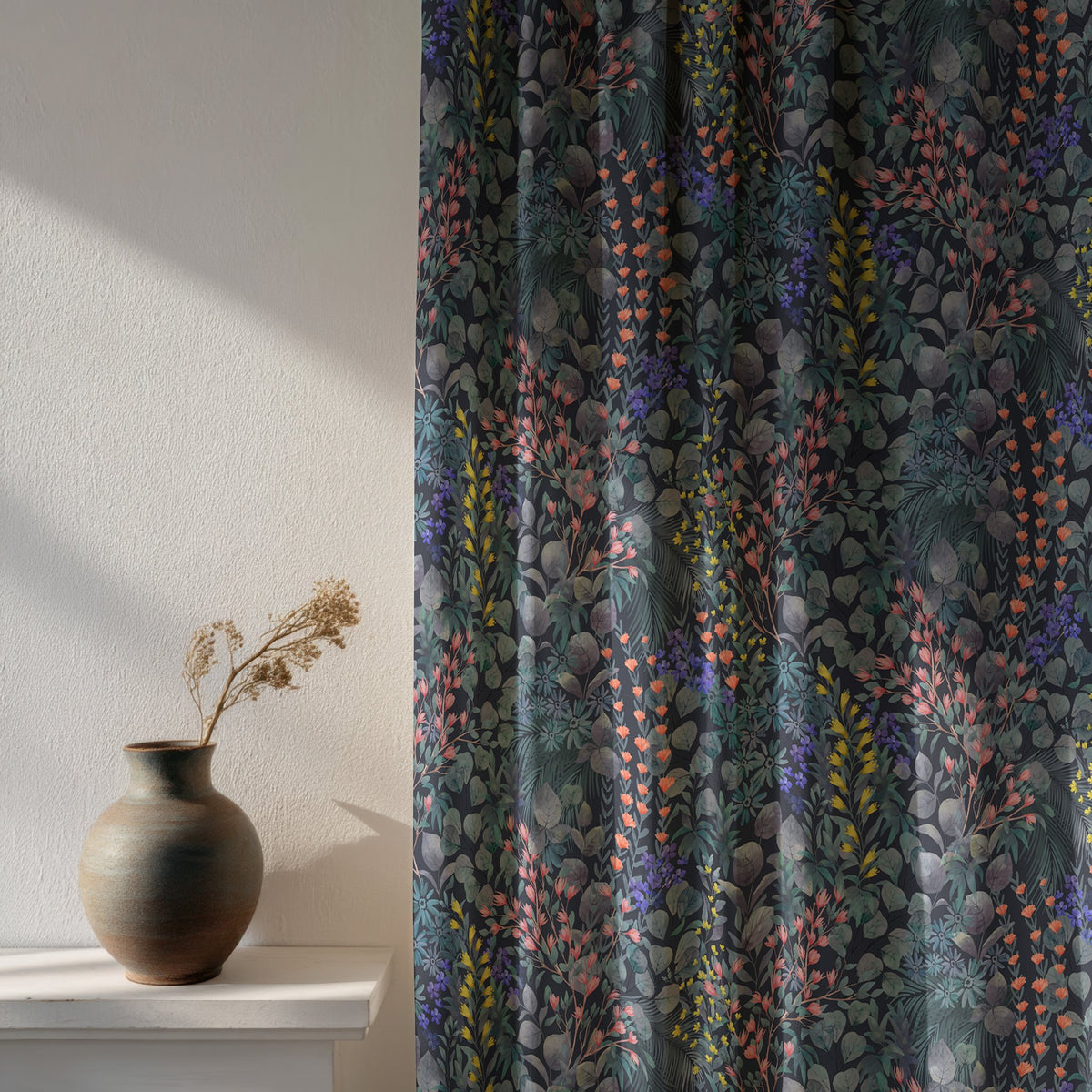 Soft daylight through a navy wildflower meadow curtain