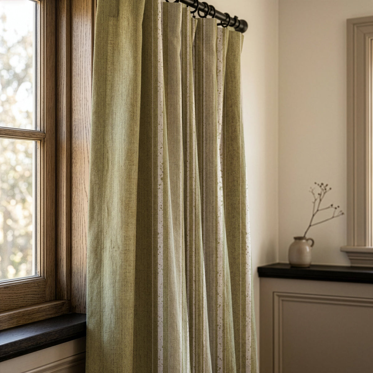 Olive green stripe curtains in a warm living room