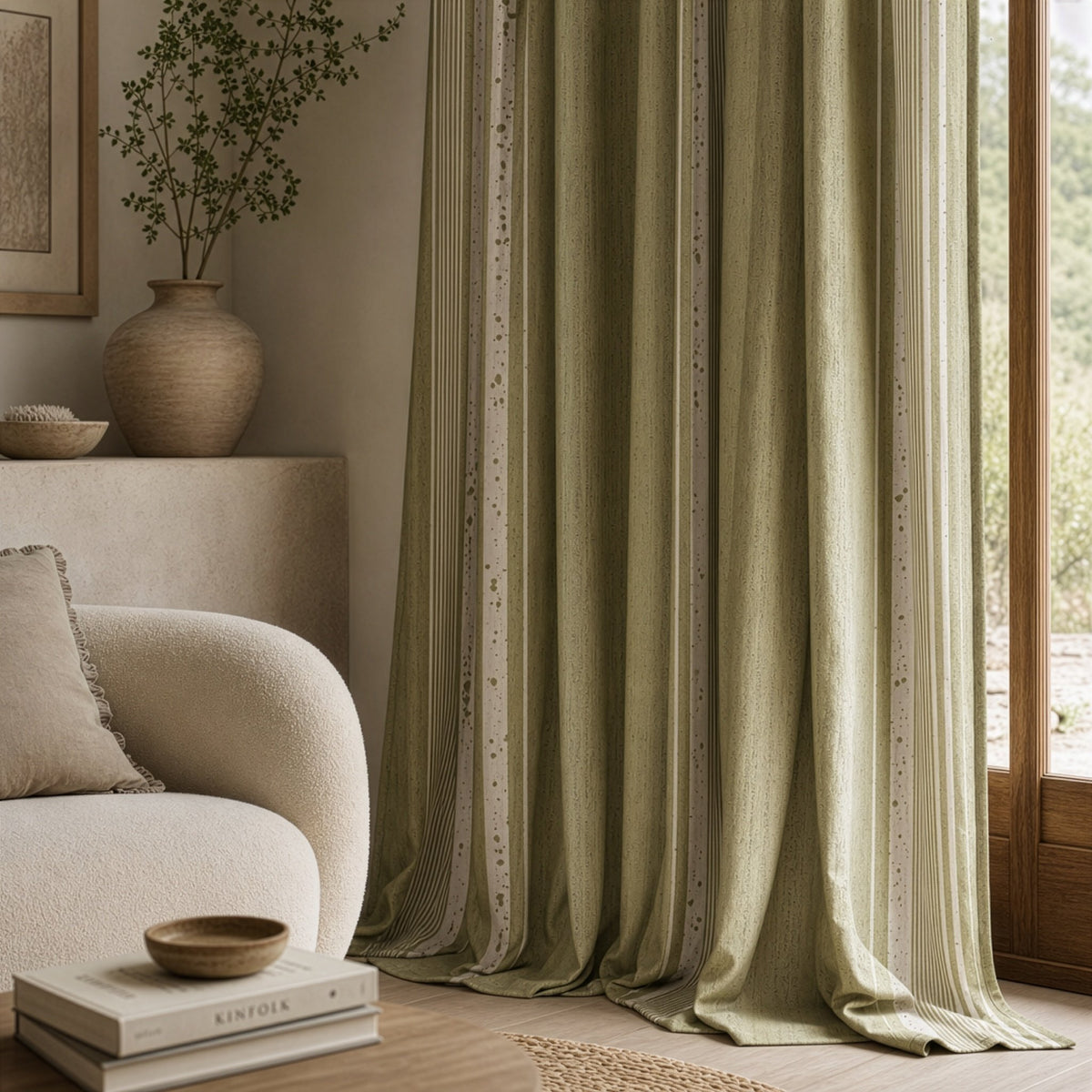 Olive green stripe curtains in a living room