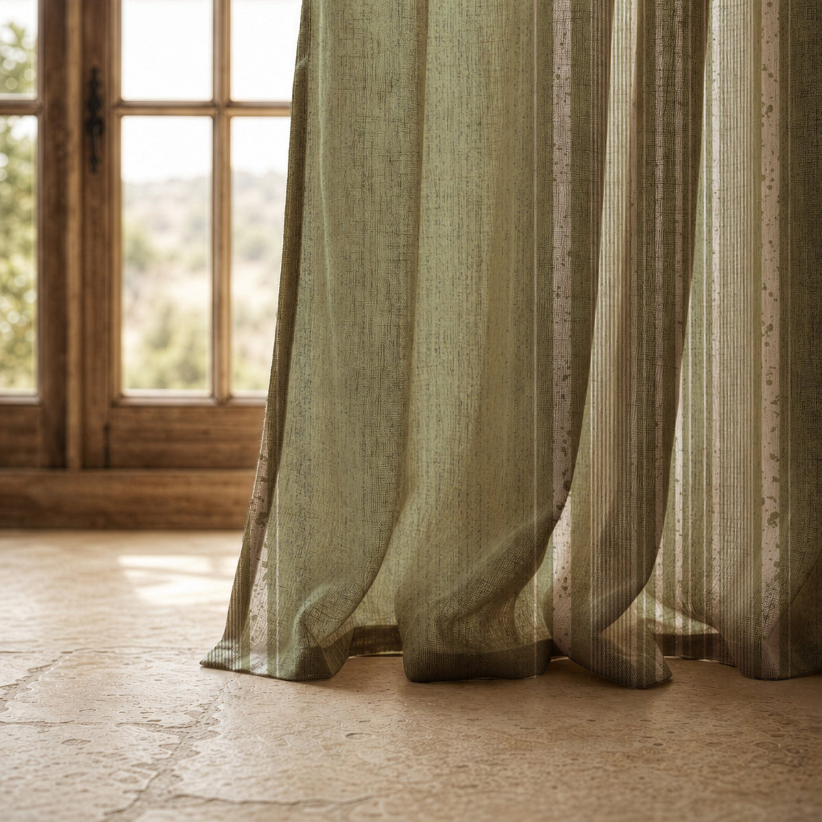 Hem of a olive green stripe curtain resting on a stone floor