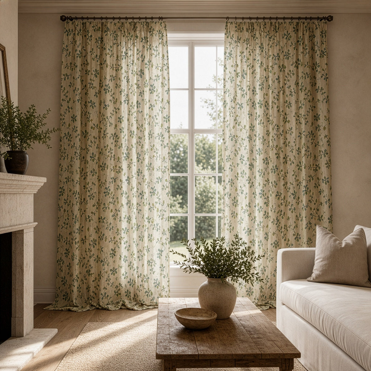 Olive leaf sprig curtains in a living room