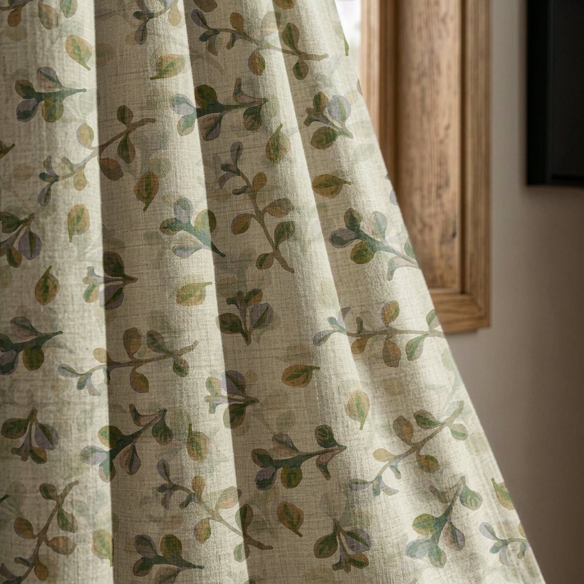Olive leaf sprig curtain panel beside a rustic wooden window
