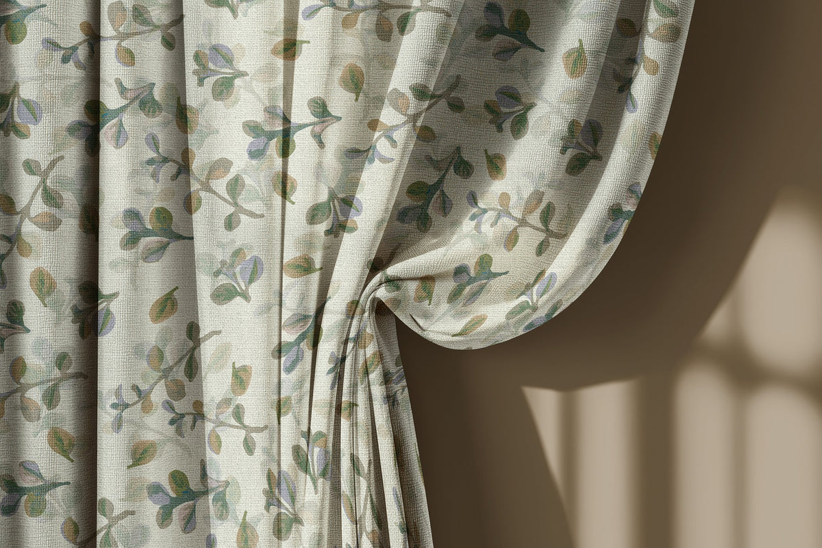 Olive leaf sprig curtain gathered to one side