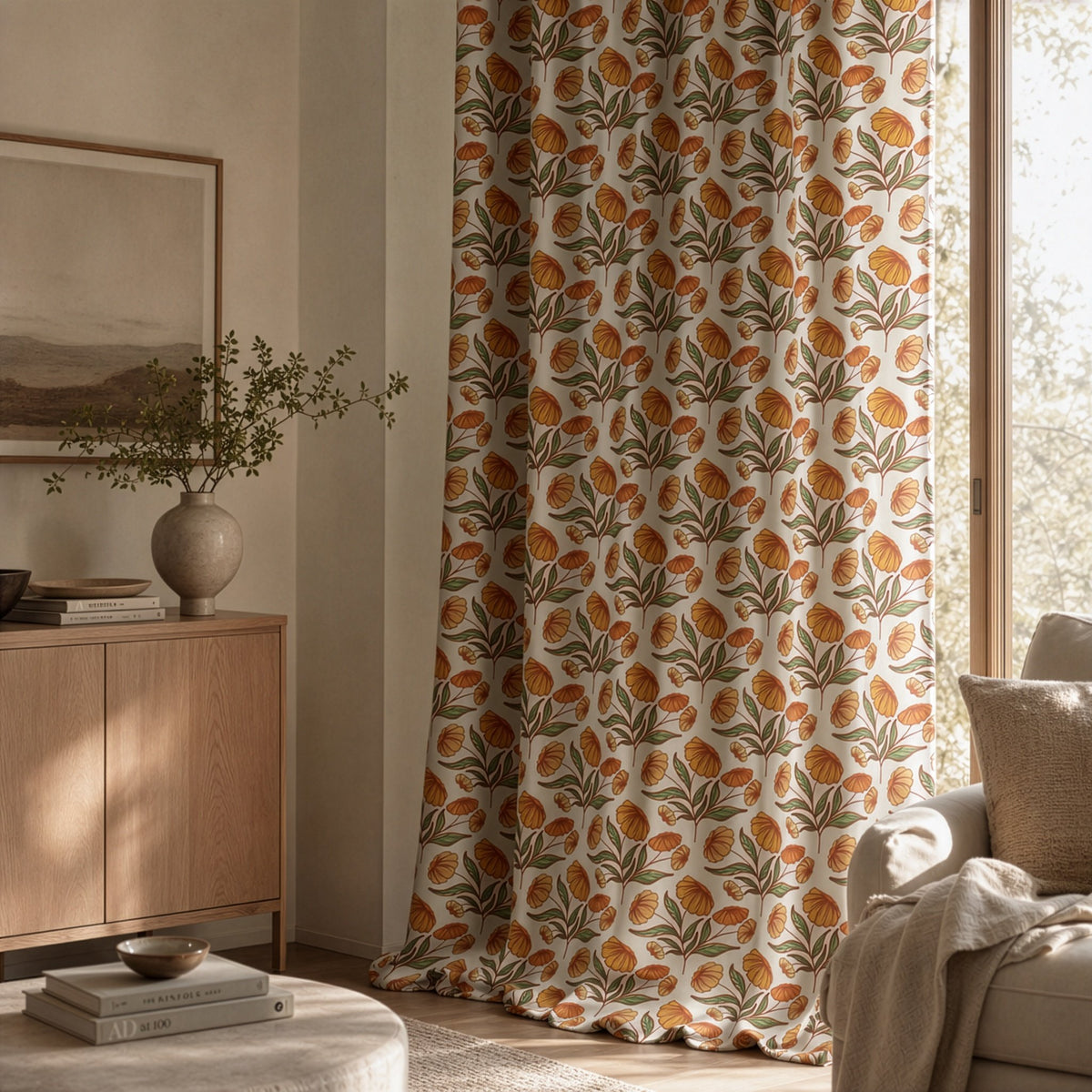 Orange block print floral curtains in a living room