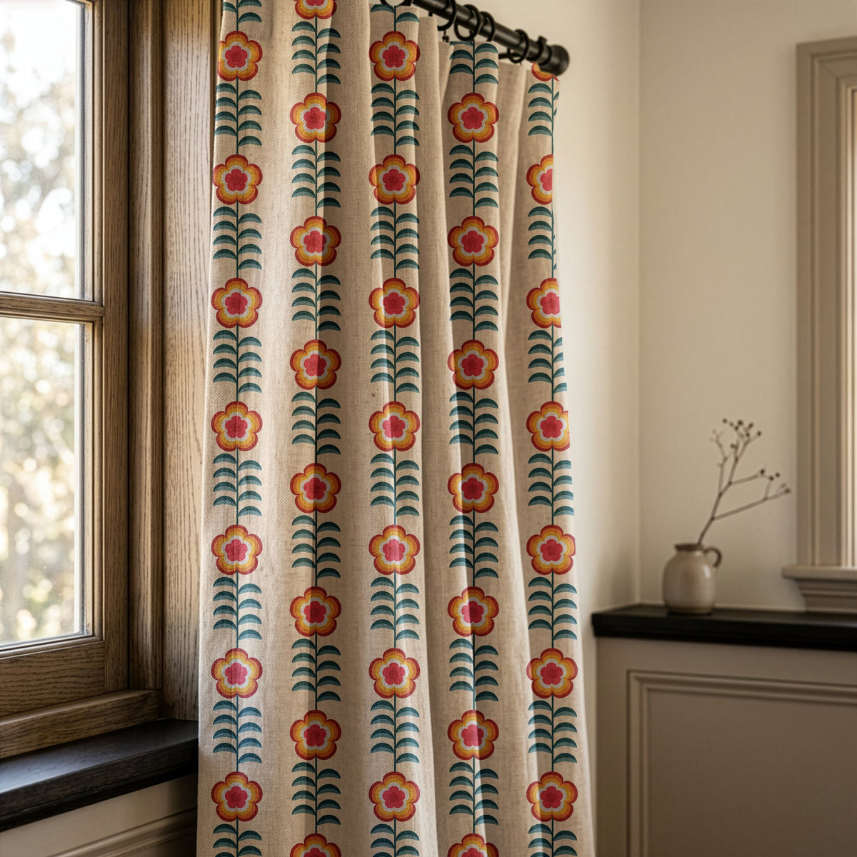 Orange folk flower stripe curtains in a warm living room