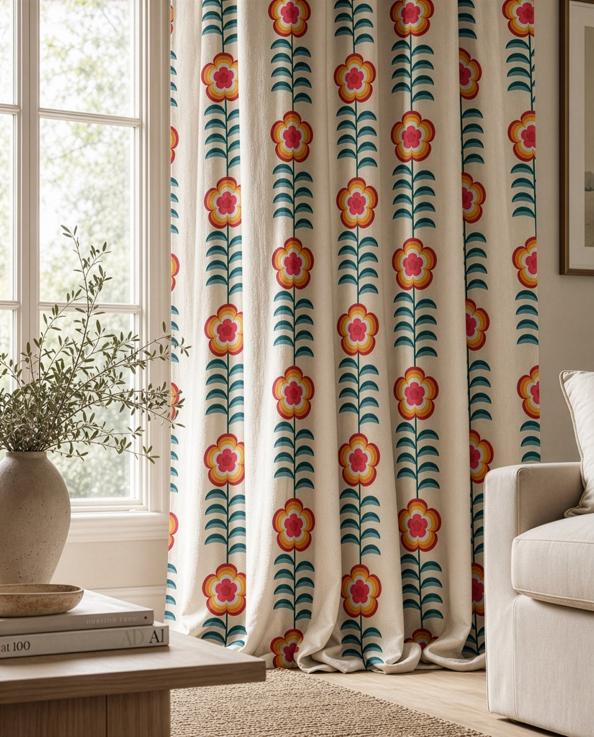 Orange folk flower stripe curtains in a living room