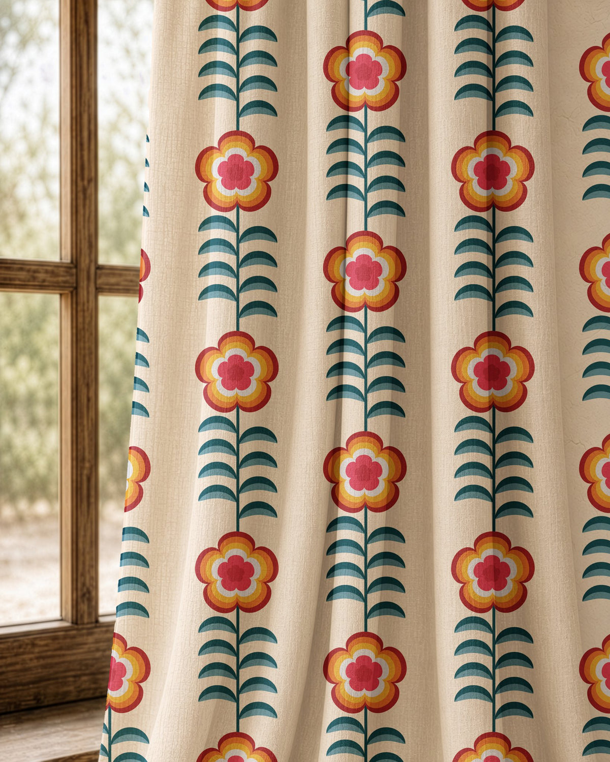 Pair of orange folk flower stripe curtains at an arched window