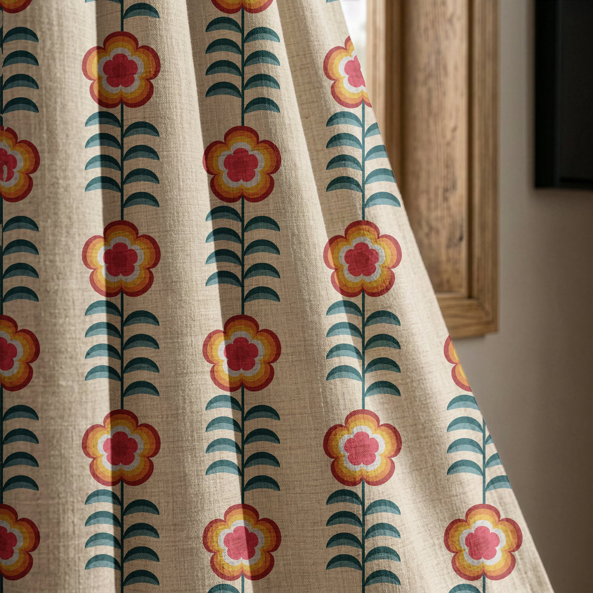 Orange folk flower stripe curtain panel beside a rustic wooden window