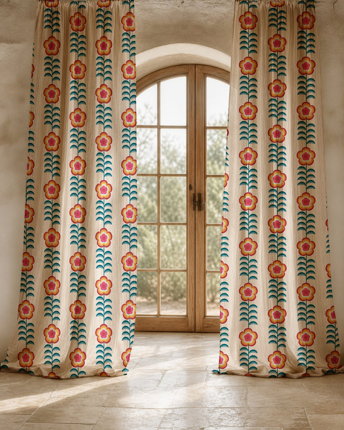 Two long orange folk flower stripe curtain panels