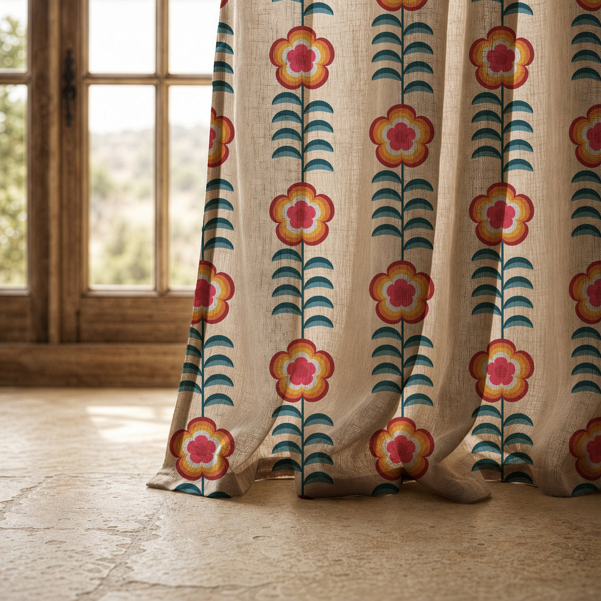 Hem of a orange folk flower stripe curtain resting on a stone floor