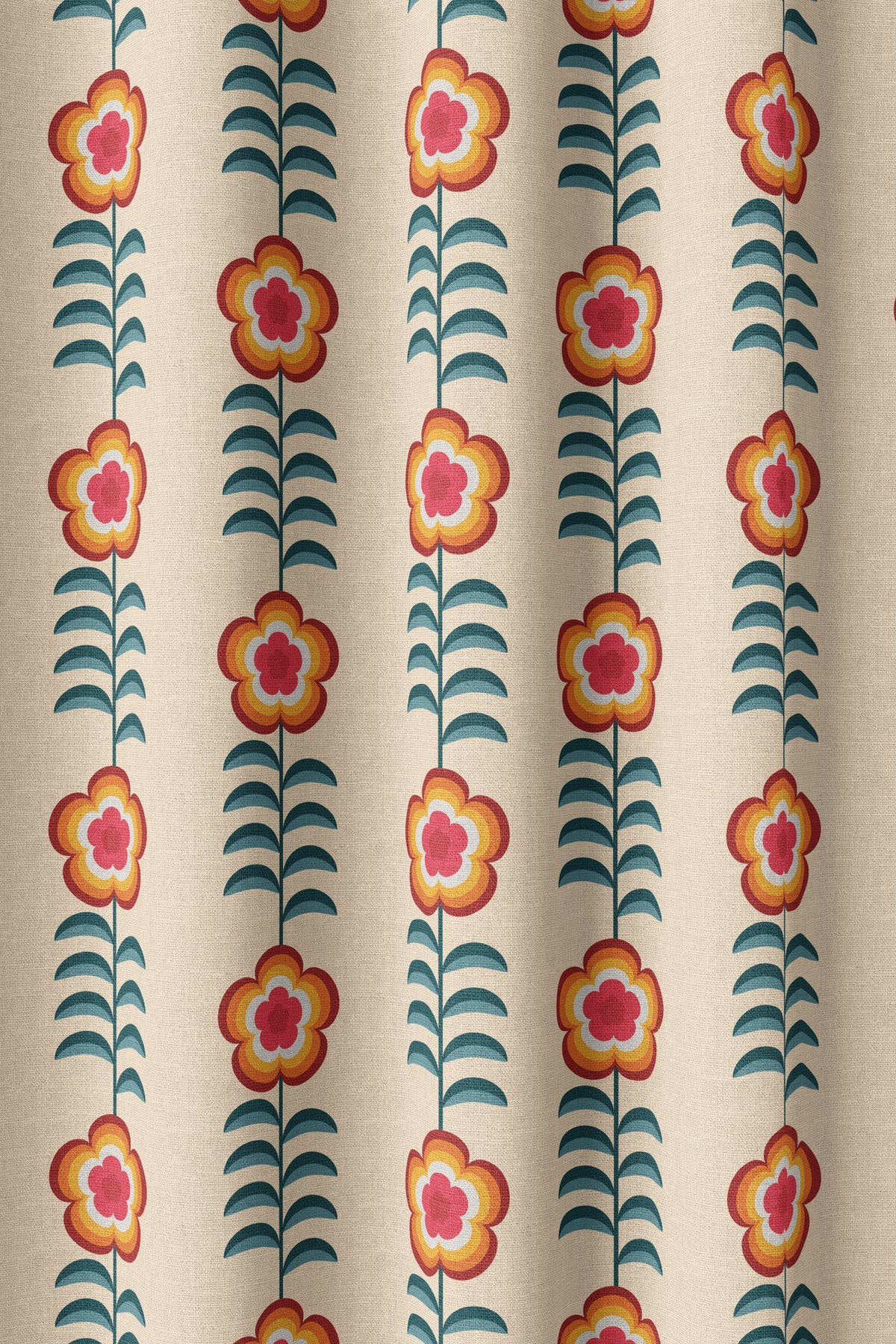 Flat view of the orange folk flower stripe print
