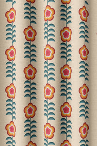 Flat view of the orange folk flower stripe print