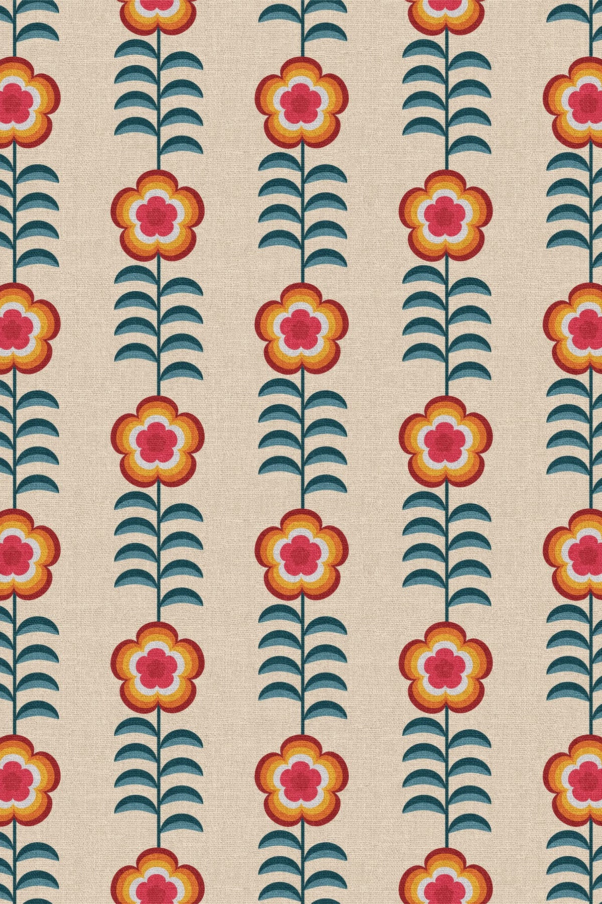 Close-up of the orange folk flower stripe pattern repeat