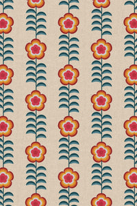 Close-up of the orange folk flower stripe pattern repeat
