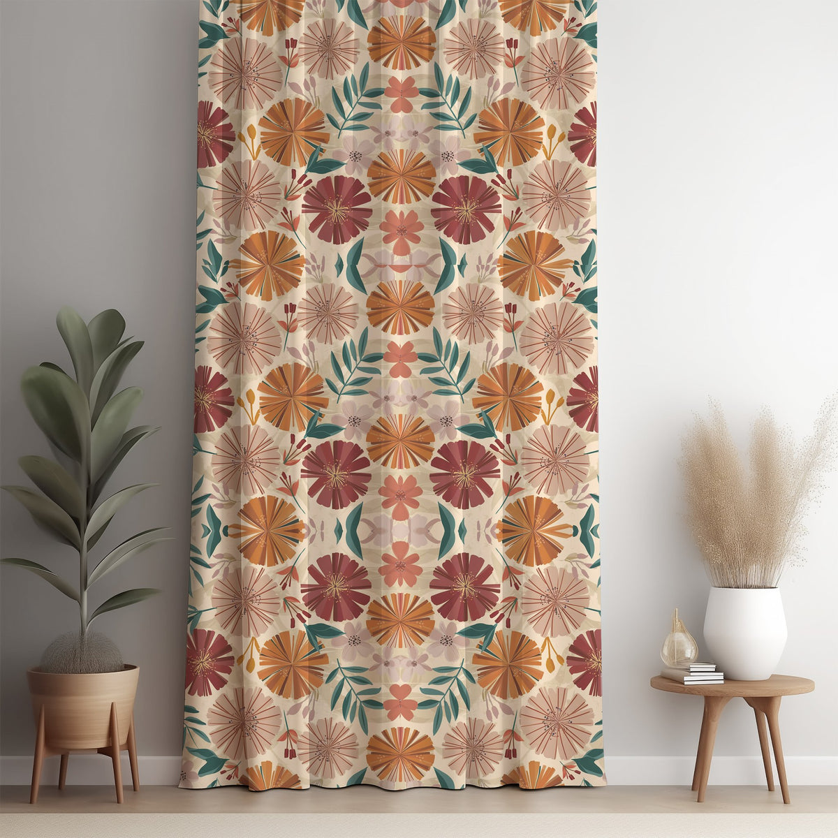 Orange folk mandala floral curtain panel against a white wall