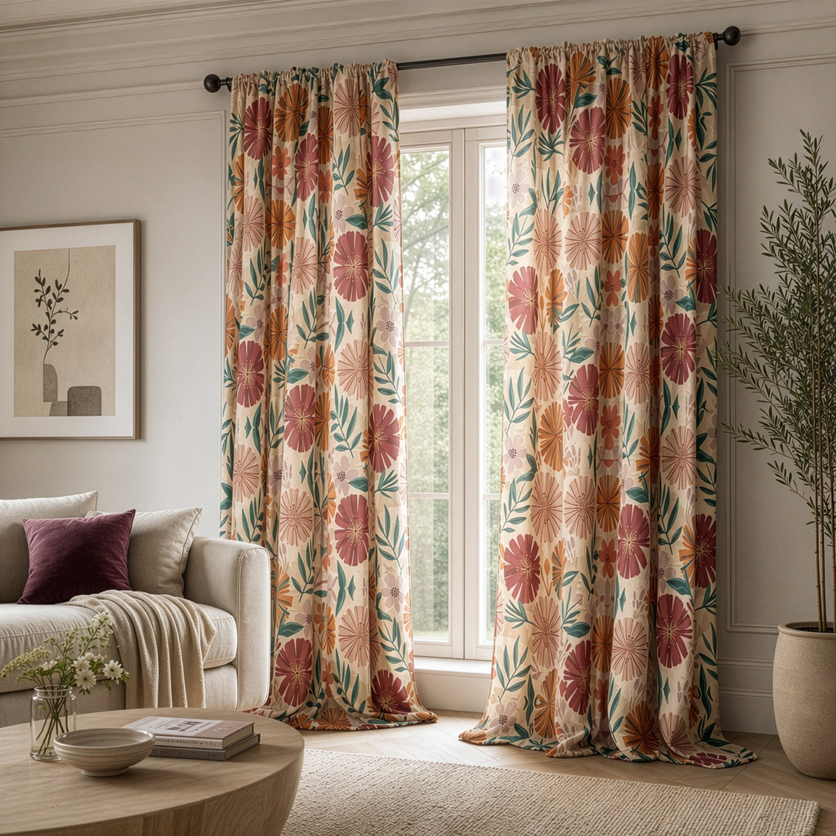 Orange folk mandala floral curtains in a living room