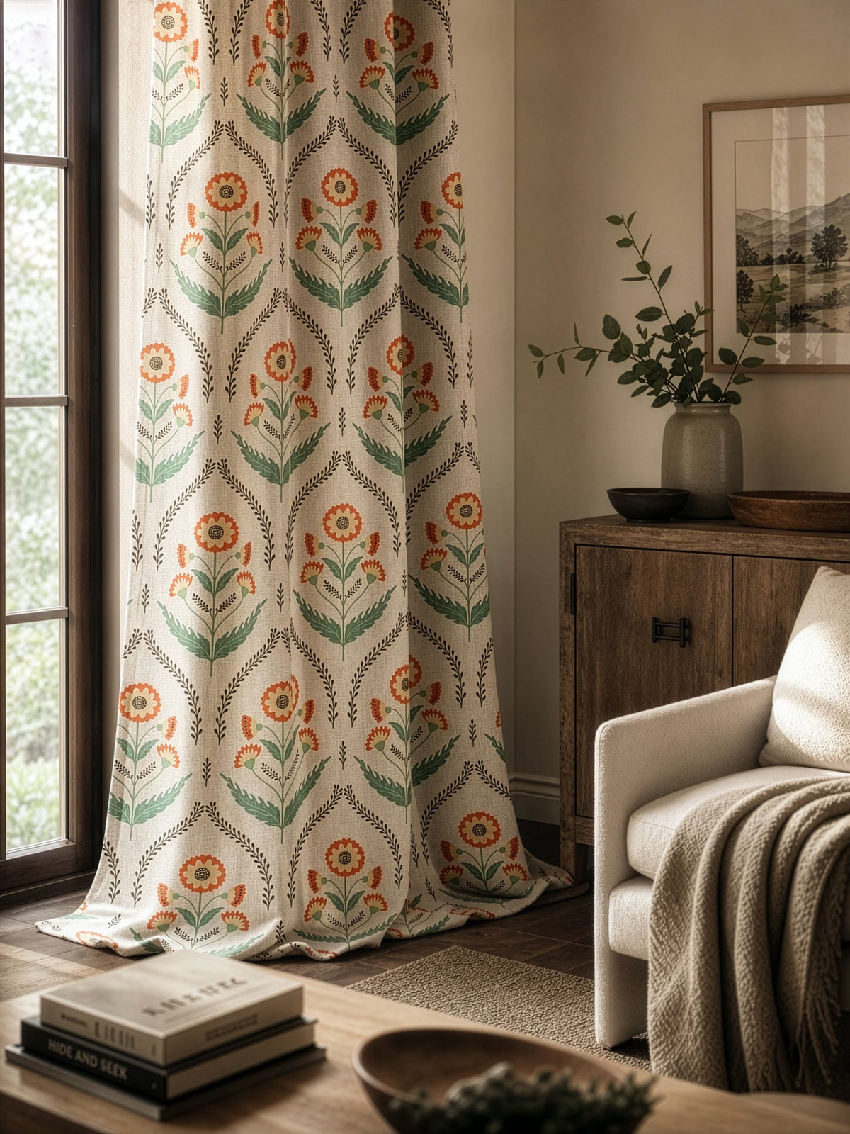 Orange ogee floral curtains in a living room