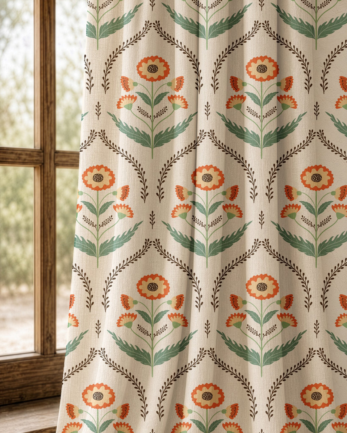 Pair of orange ogee floral curtains at an arched window