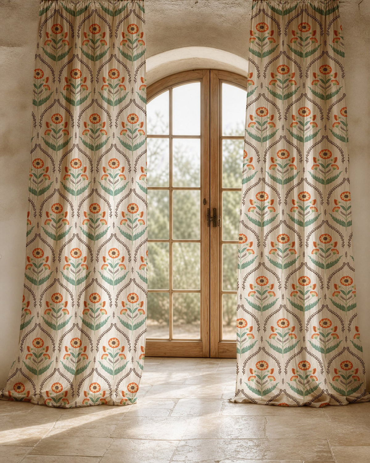 Two long orange ogee floral curtain panels
