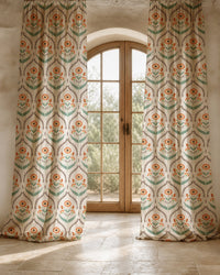 Two long orange ogee floral curtain panels