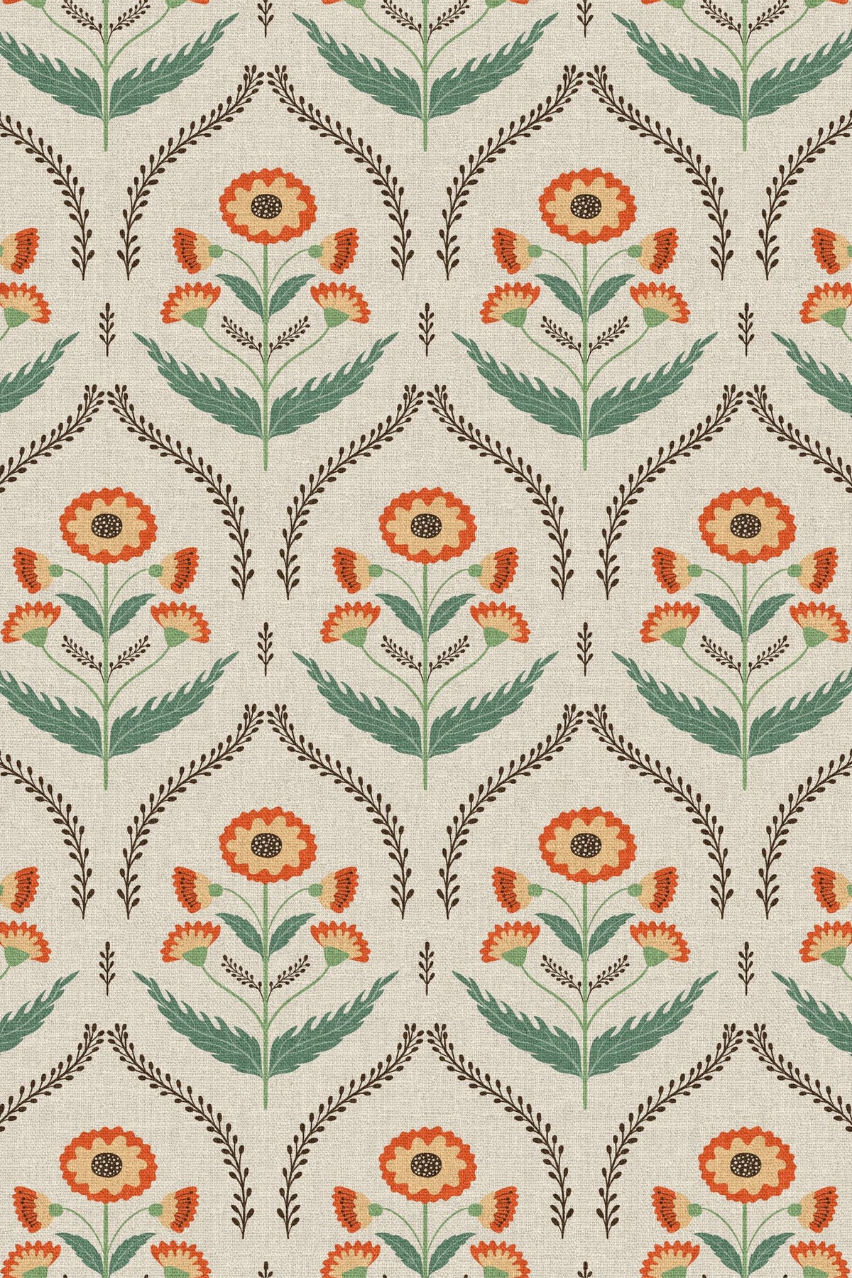 Close-up of the orange ogee floral pattern repeat
