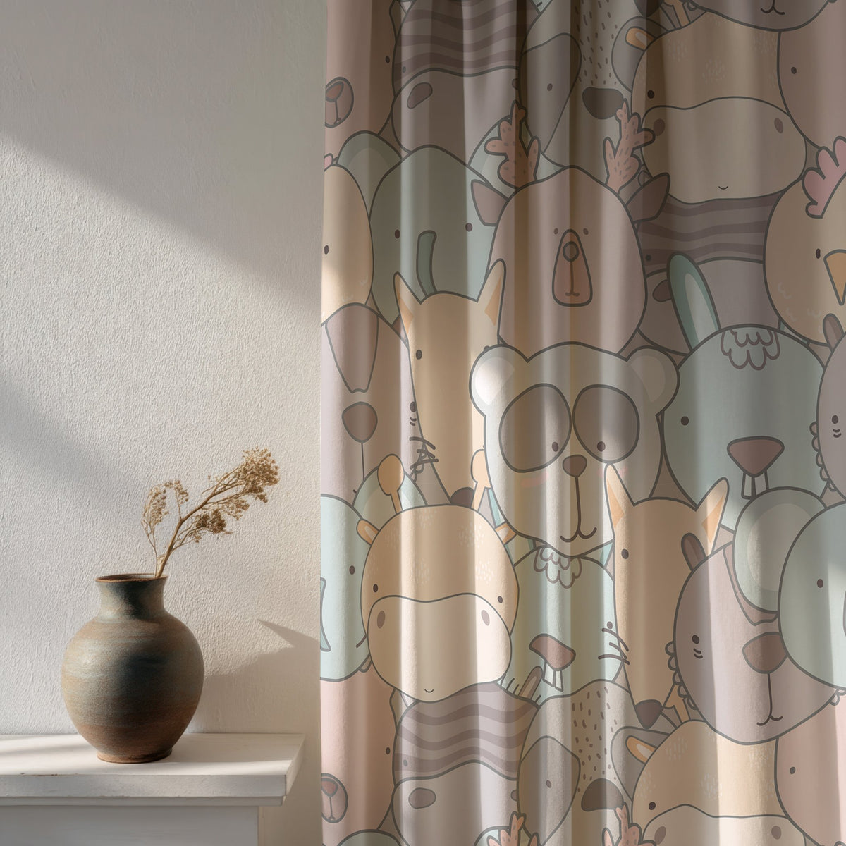 Soft daylight through a pastel animal nursery curtain