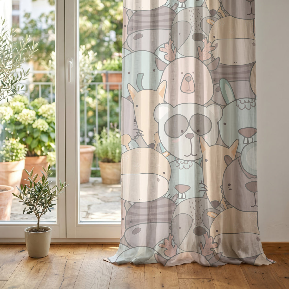 Pastel animal nursery curtain at glass patio doors