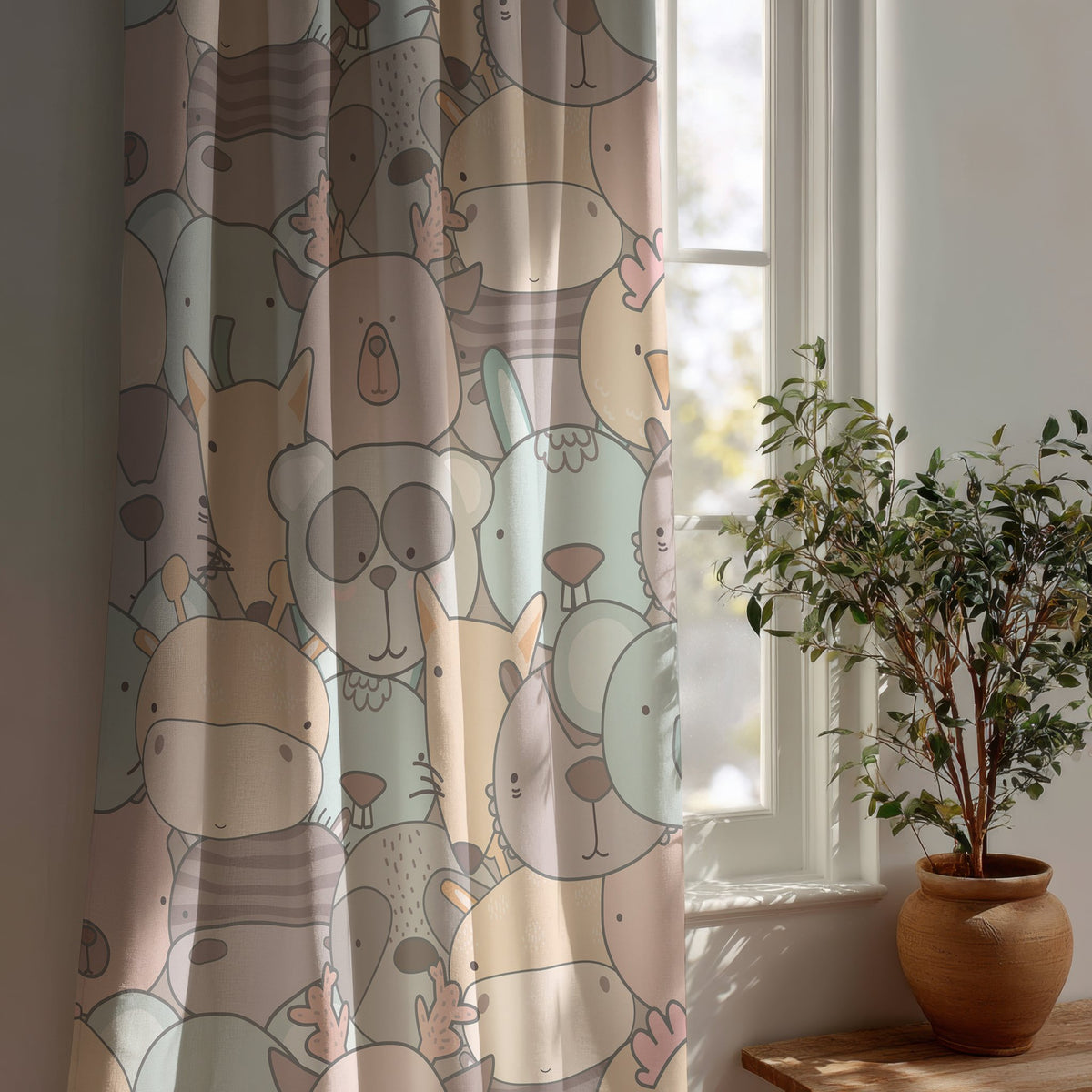 Pastel animal nursery curtain beside a potted olive tree