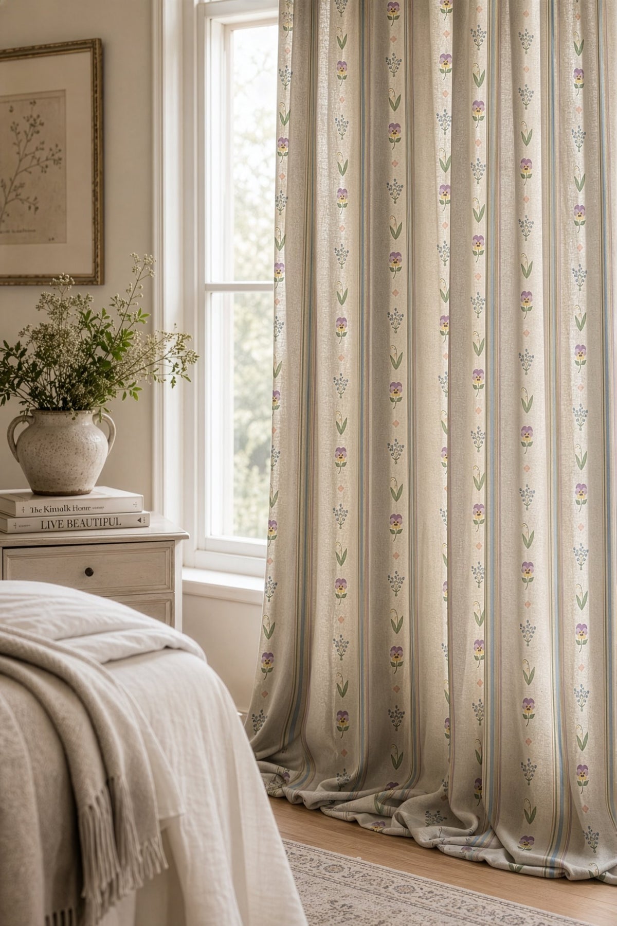 Pastel ditsy floral stripe curtains in a living room