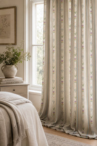 Pastel ditsy floral stripe curtains in a living room