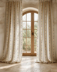 Two long pastel ditsy floral stripe curtain panels