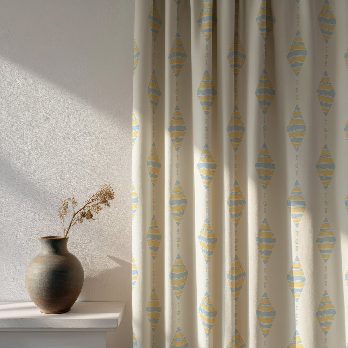 Soft daylight through a pastel kite nursery curtain