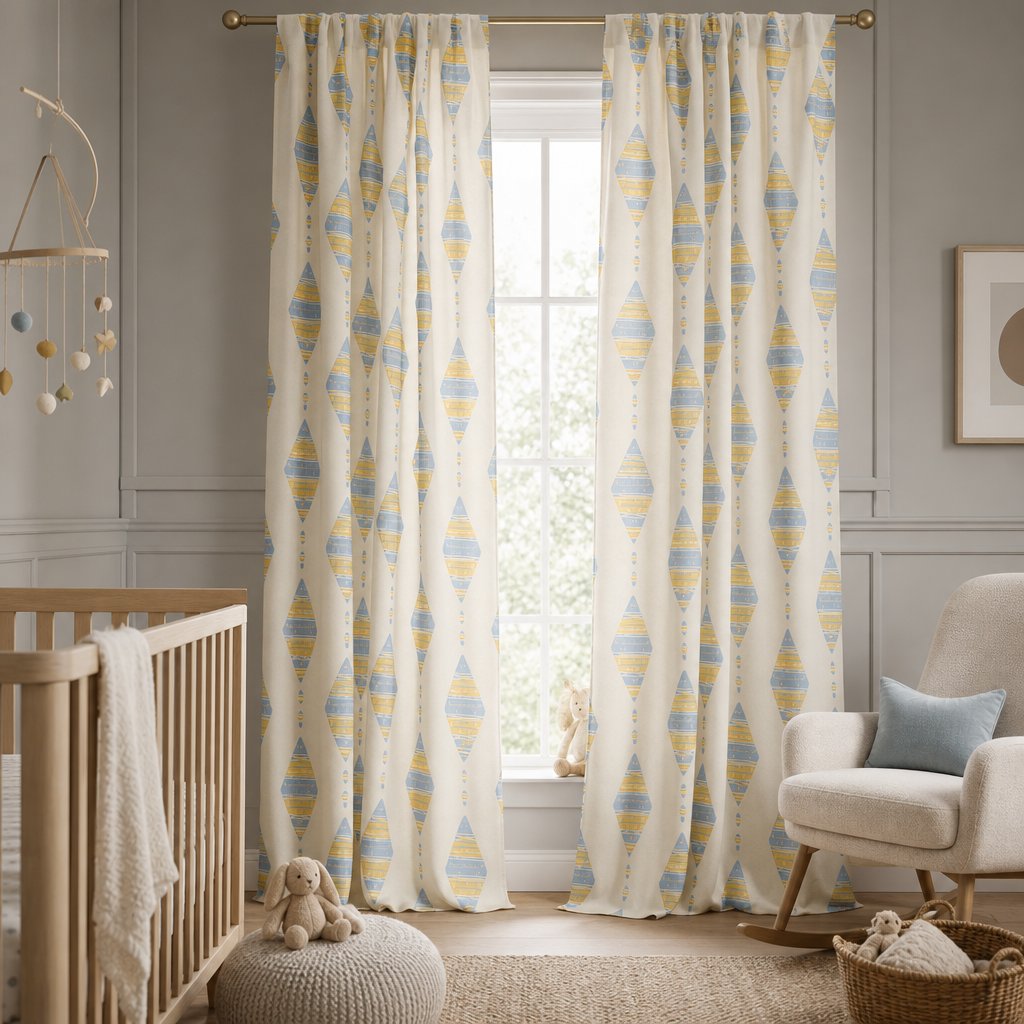 Pastel kite nursery curtains in a child's bedroom