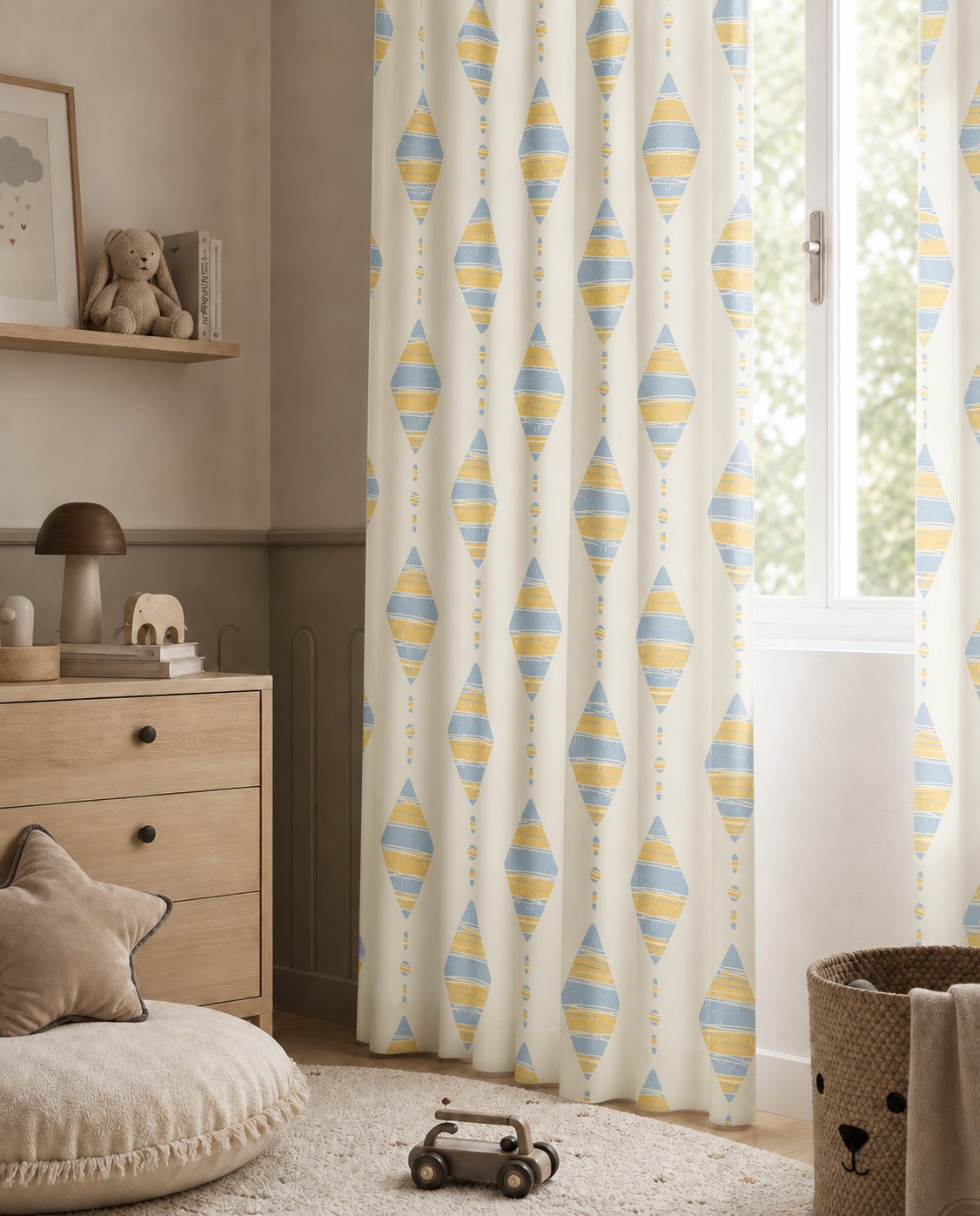 Pastel kite nursery curtains styled with neutral decor