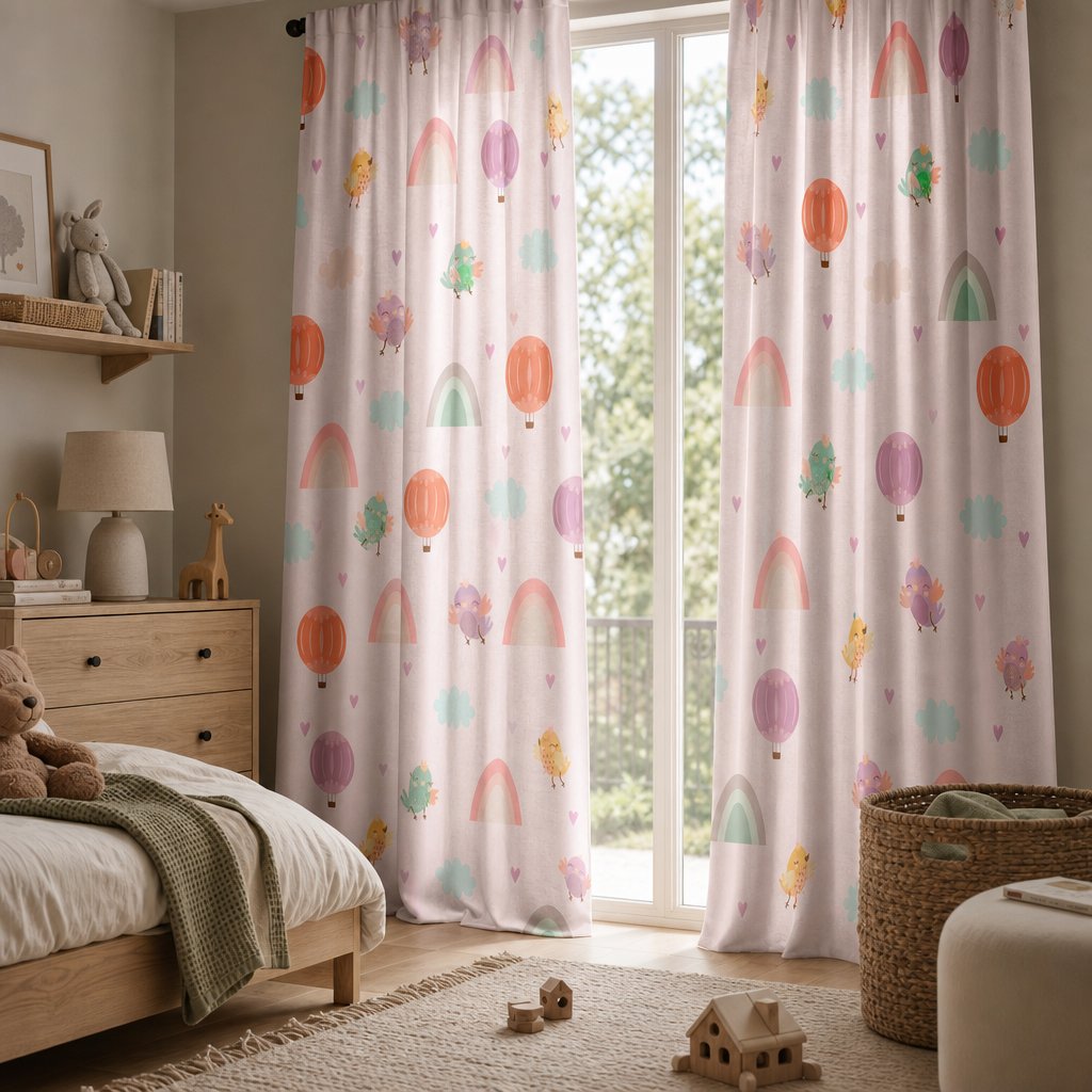 Pair of pastel rainbow kids curtains in a child's bedroom
